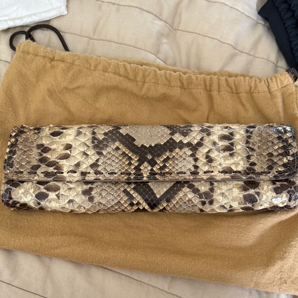 Carlos Falchi Beige and Brown Python-Print Wristlet Clutch - Picture 2 of 3